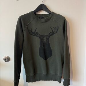 Olive Green Crewneck Sweater with Moose Design